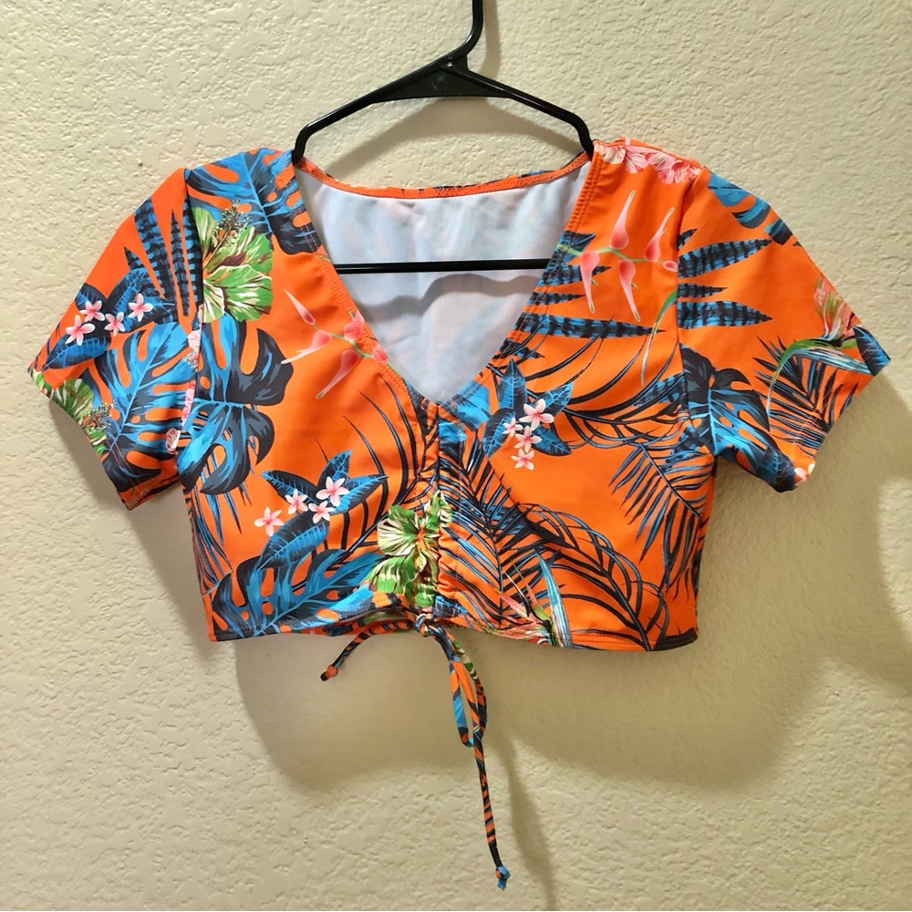SHEIN Orange Tropical Ruched Tie-Front Swim Crop Top 2 piece set - Picture 1 of 4